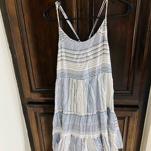 Entro Blue & White Striped Tiered Sundress Boho Mini Dress Size M